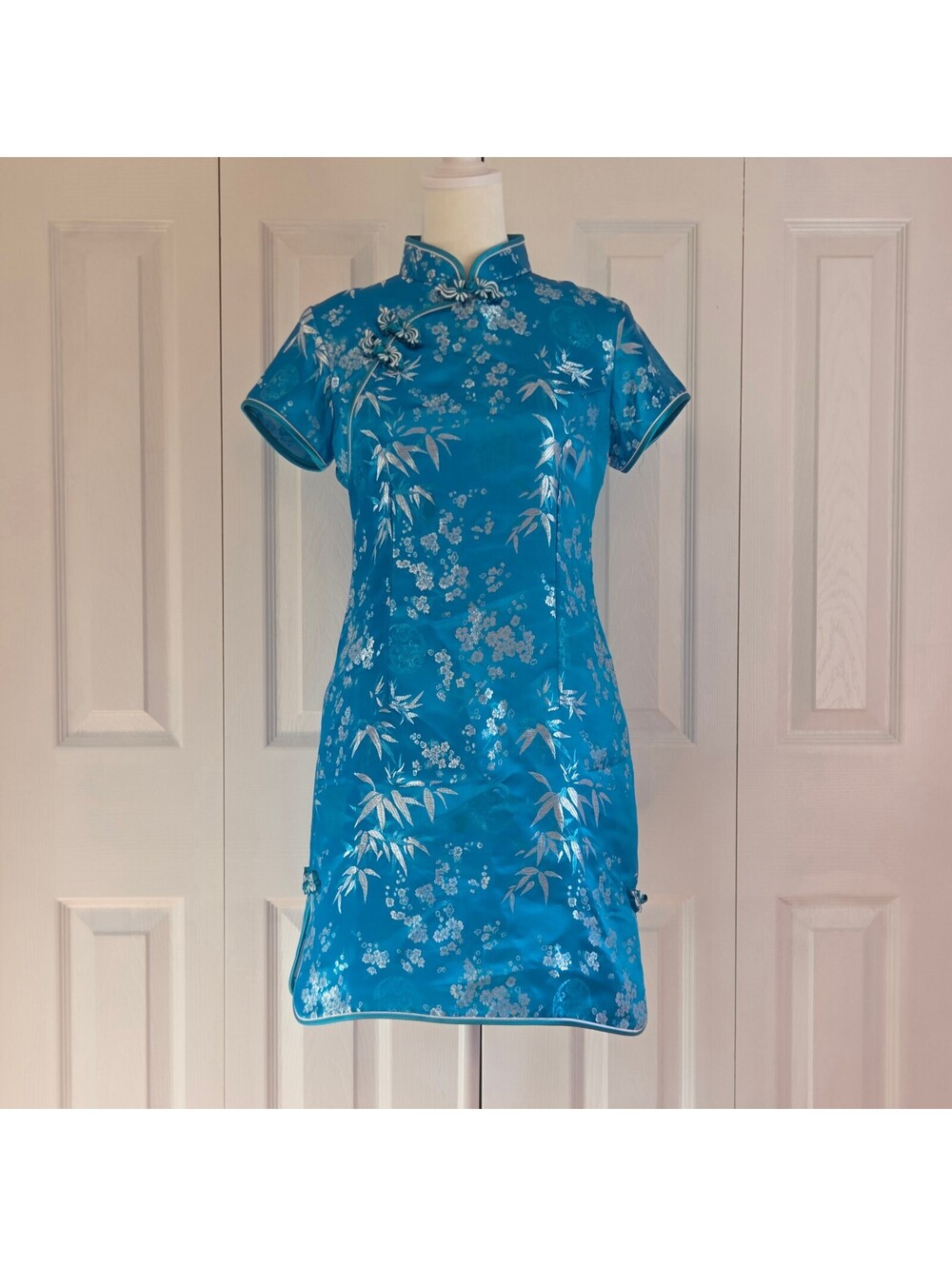 Bright Blue Floral Chinese Qipao Dress Size XS Vintage Y2K Streetwear Mandarin